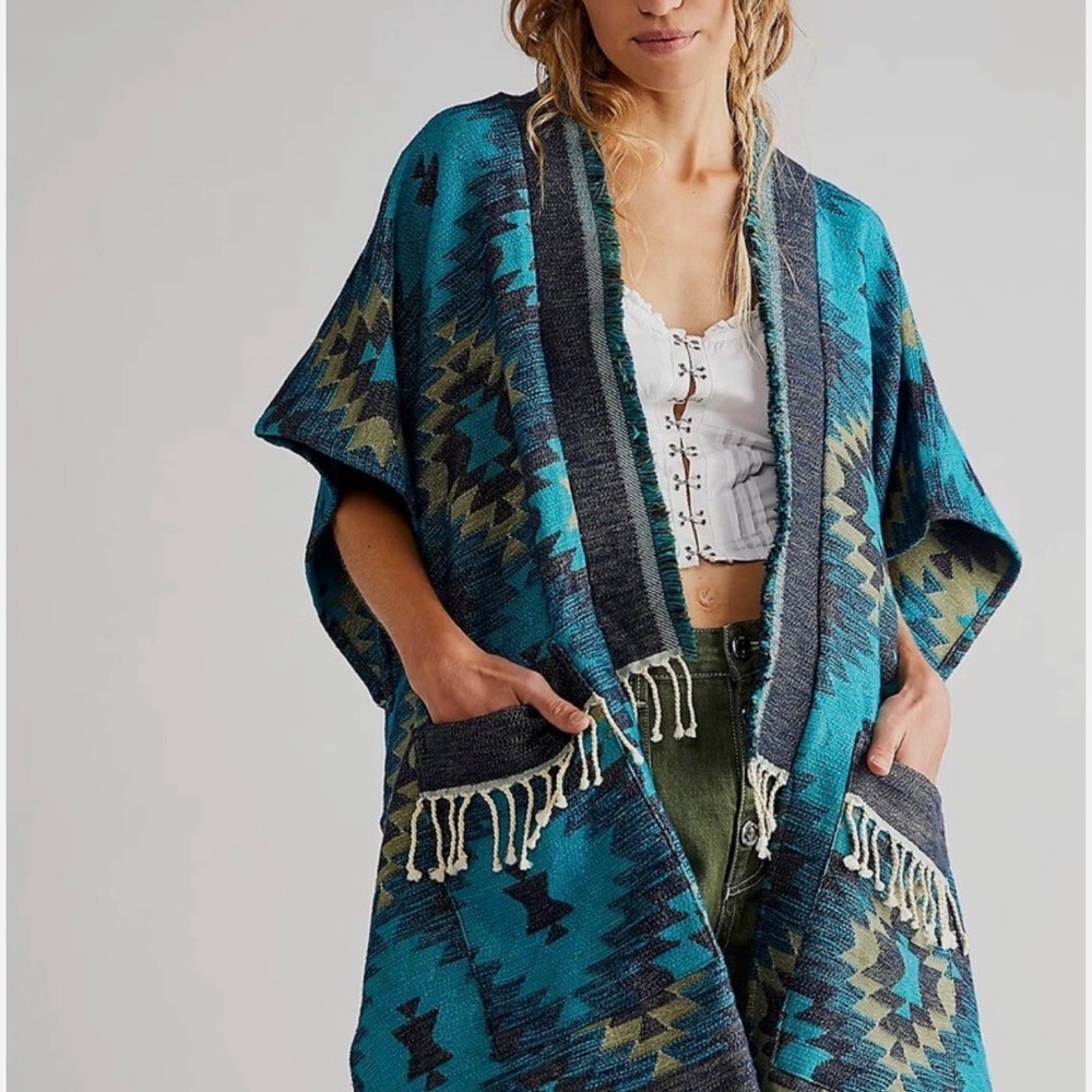 Free People Teal and Black Patterned Poncho
